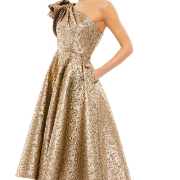 MAC DUGGAL 67906 ONE SHOULDER BOW MIDI ANTIQUE BRONZE METALLIC BROCADE DRESS 2 - Picture 3 of 5